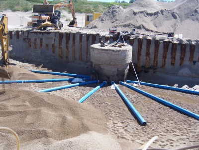 <BR><BR><h4>Water intake system </H4> Boode PVC Well Screen & Casing can be utilised as horizontal sea/river intakes (salt water or freshwater). The image shows a saltwater intake system for a desalination plant in Lithuania.